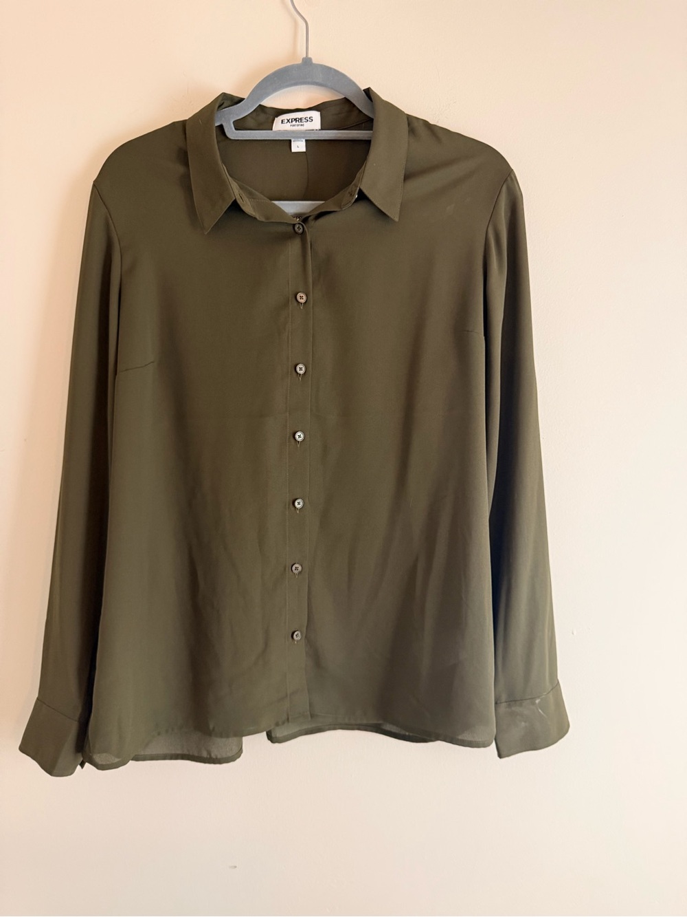 Express Olive Button-Down Long-Sleeve Blouse